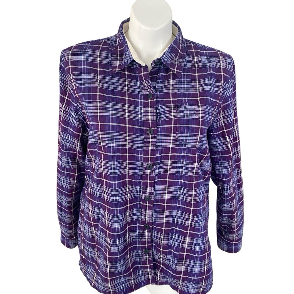 LL Bean L Women’s Purple Plaid Flannel Fleece Lined Shirt Sherpa Jacket Shacket